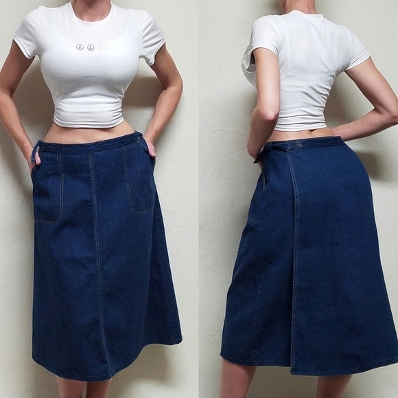 Rare Vintage 70s Levi's Big E Mid Wash Midi Knee Length Cotton Wrap Skirt 32 - Picture 1 of 14
